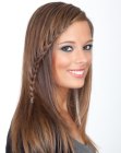 Sleek long hair with a thin braid on one side of the head