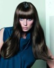 Long silky hair with youthful blunt cut bangs