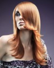 Long copper hair with an outward curve