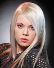 Long and sleek platinum blonde hair with accent colors