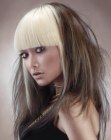 Long hair with teasing and bright blunt cut bangs
