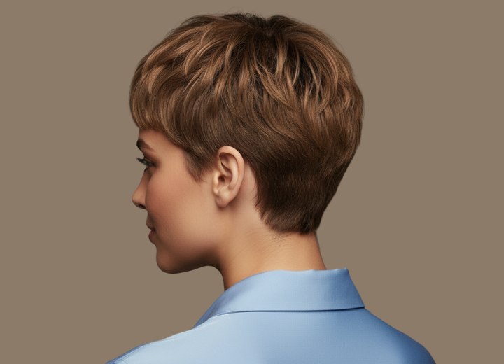 Woman with feminine short hair and wearing a silk shirte