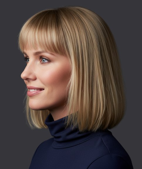 Long, just above the shoulders bob