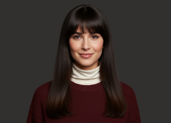 Long brunette hair with blunt-cut bangs