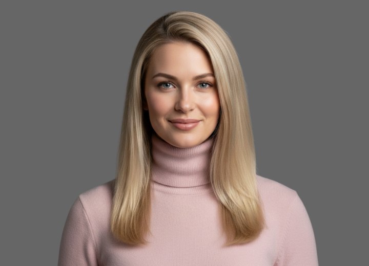Woman with a long blonde hairstyle and a turtleneck