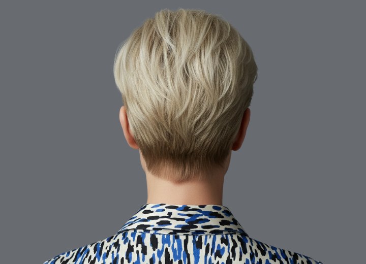 Back view of a blonde pixie cut