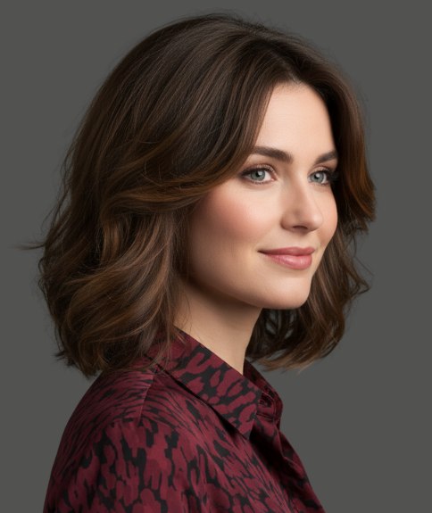 Wavy long bob cut, at collar-length - Side view