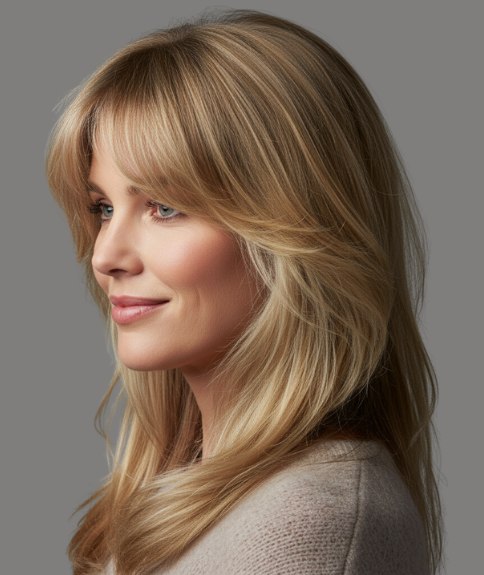 Long blonde hairstyle with waves - Side view
