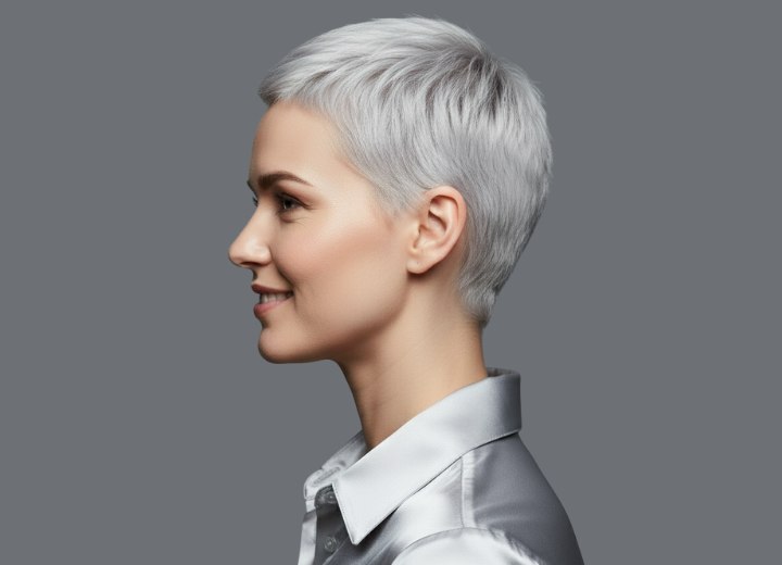 Woman with very short gray hair, wearing a satin shirt