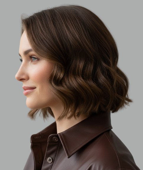 Collar-length bob for chocolate brown hair - Side view