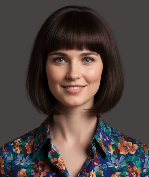 Below the jawline bob with a straight across fringe