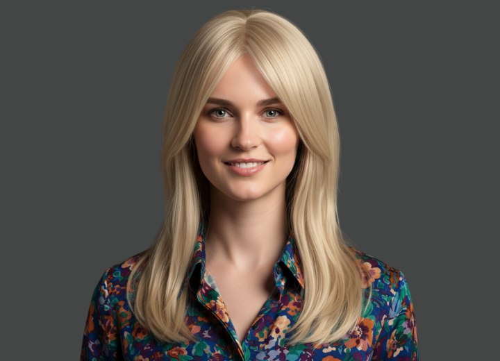 Long blonde hair with layers and curtain bangs