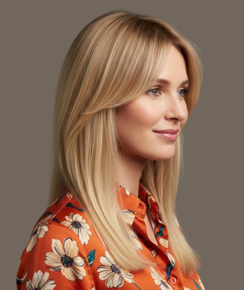 Blonde past the shoulders hairstyle - Side view