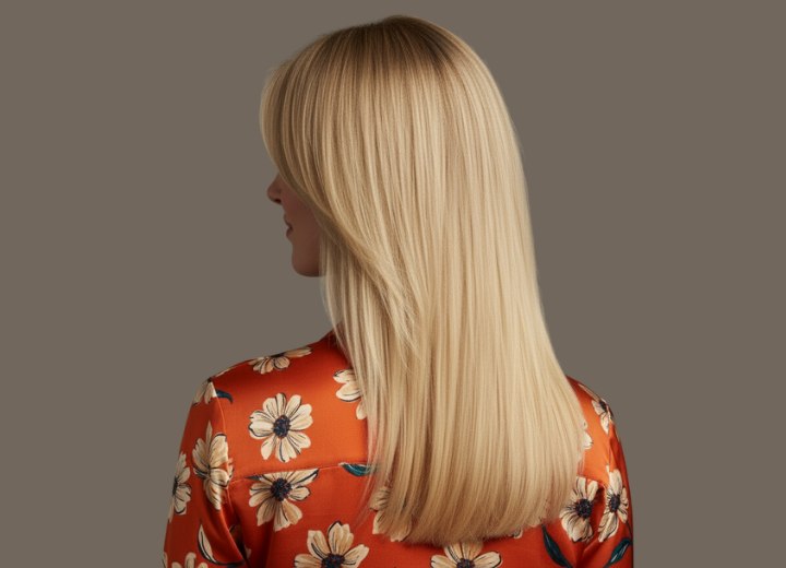 Woman with long blonde hair and a floral blouse - Back view