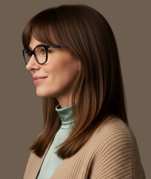 Long hairstyle with curtain bangs - Side view