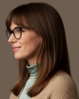 Long brown hair with bangs