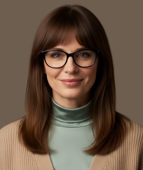 Versatile long hair with curtain bangs, paired with eyeglasses
