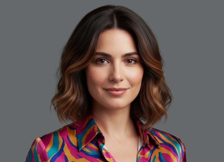 Long bob that falls just at the blouse collar