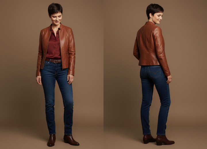 Silk blouse paired with denim trousers and a leather jacket