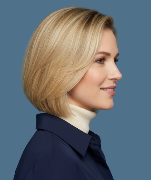 Practical mid-neck length blonde bob - Side view