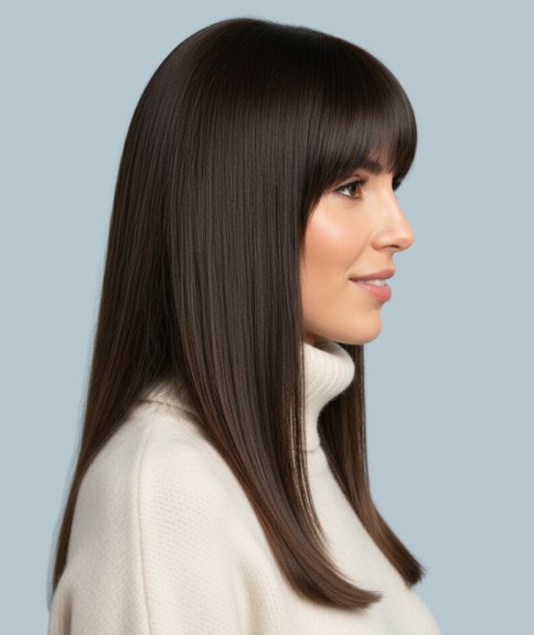 Long straight brown hair with a glossy finish - Side view