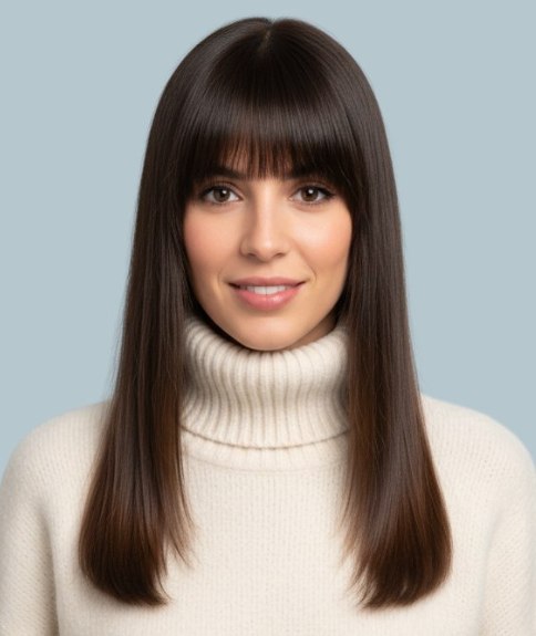 Long straight hairstyle with a full fringe and a turtleneck