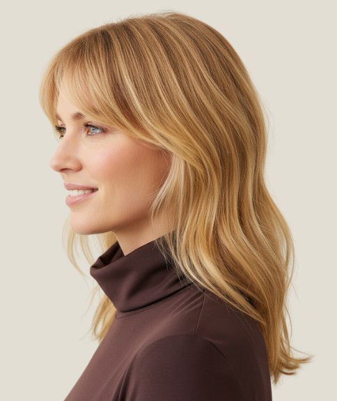 Long honey blonde hair with natural texture - Side view