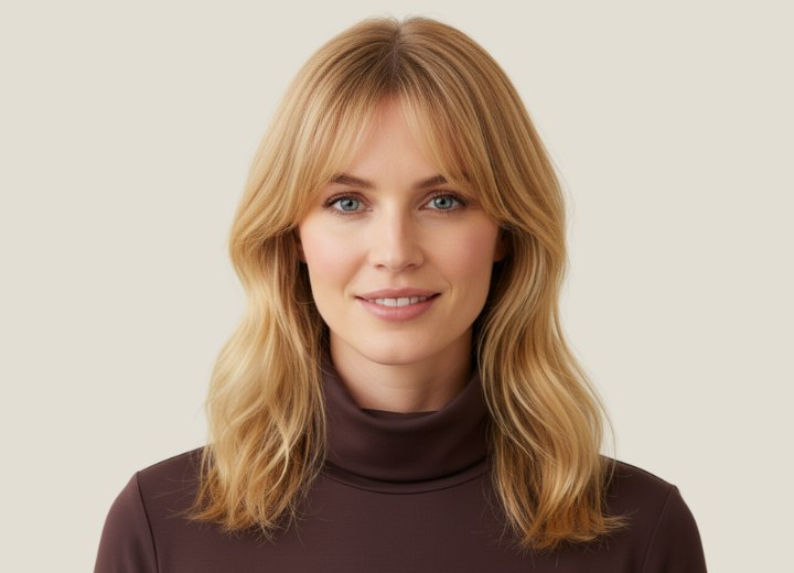 Long collarbone length hairstyle with curtain bangs