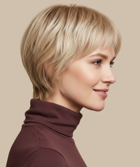 Feminine short blonde hairstyle and a turtleneck - Side view