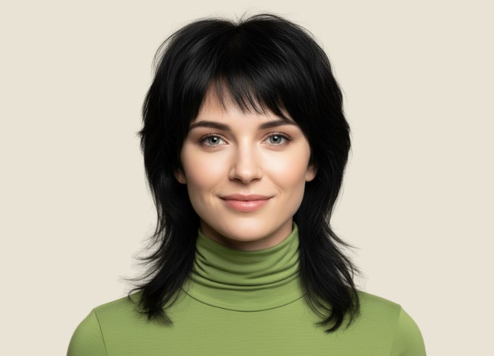 Feminine mullet hairstyle with a fringe