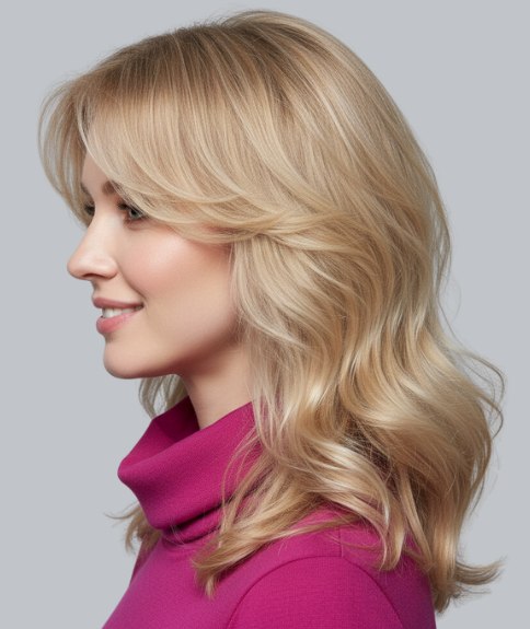 Long blonde hair with voluminous waves - Side view