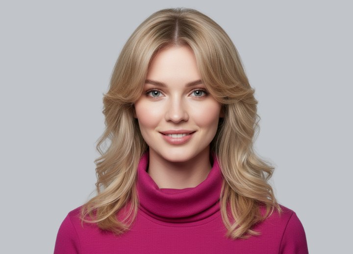 Long blonde hair with layers and curtain bangs