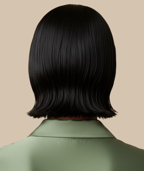Black medium-length hair with shine and depth - Back view