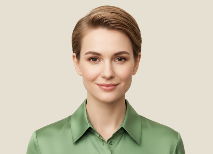 Short hairstyle with sleek sides and volume through the crown