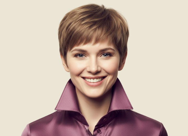 Feminine short hairstyle paired with a silk shirt with popped-up collar