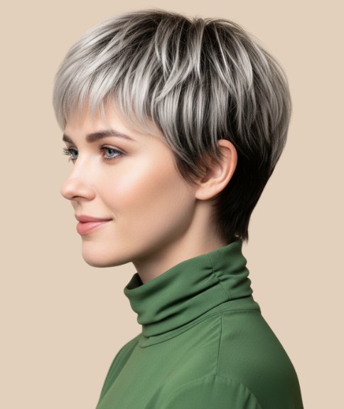 Pixie cut for silver-gray hair - Side view