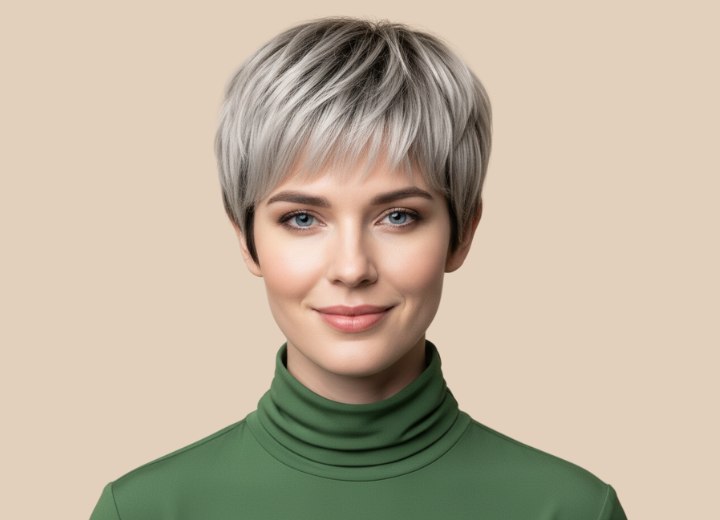 Short haircut with layering and a fringe