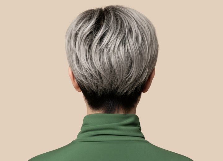 Short hair with a modern gray hair color - Back view