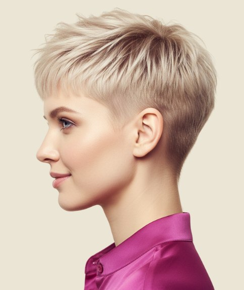 Pixie cut with very short tapered sides and back - Side view