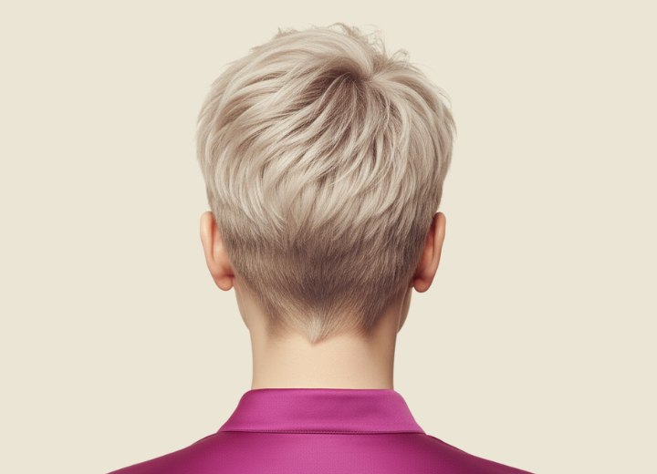 Very short platinum blonde hair and a fuchsia blouse - Back view