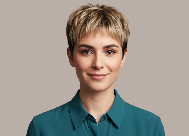 Feminine short hairstyle with a finge and softness