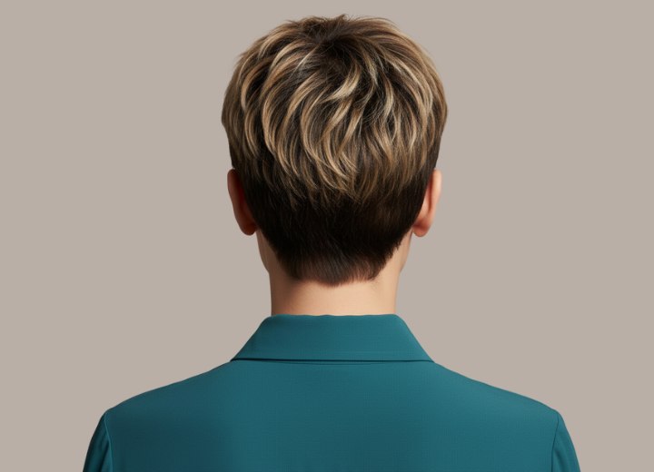Short brown hair with caramel, honey and golden highlights - Back view
