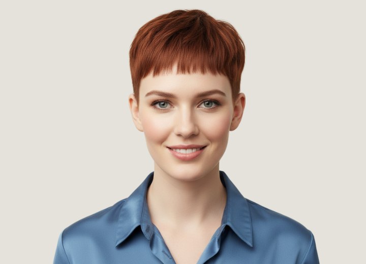 Very short hairstyle with micro-bangs