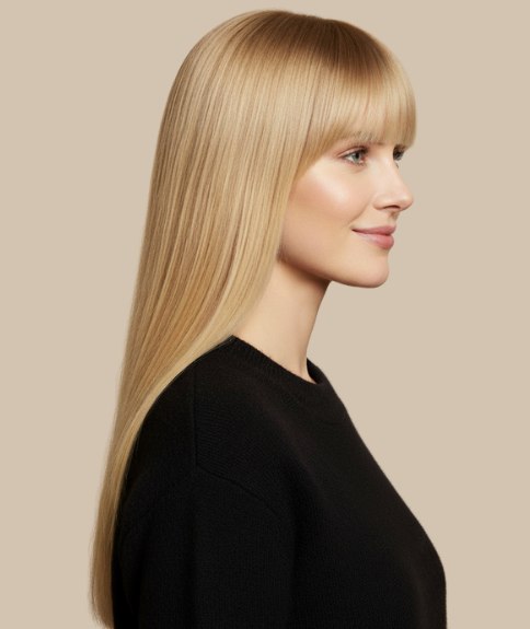 Long blonde hair with bangs - Side view