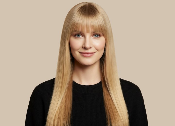 Mid-back length blonde hairstyle with blunt-cut bangs