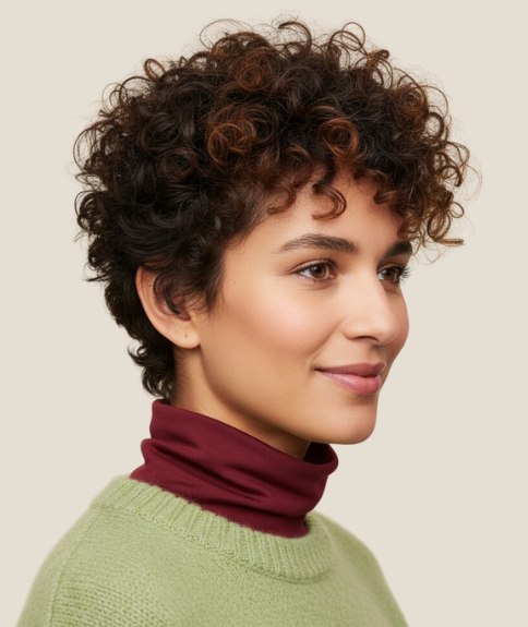 Short curly hairstyle with volume at the crown - Side view