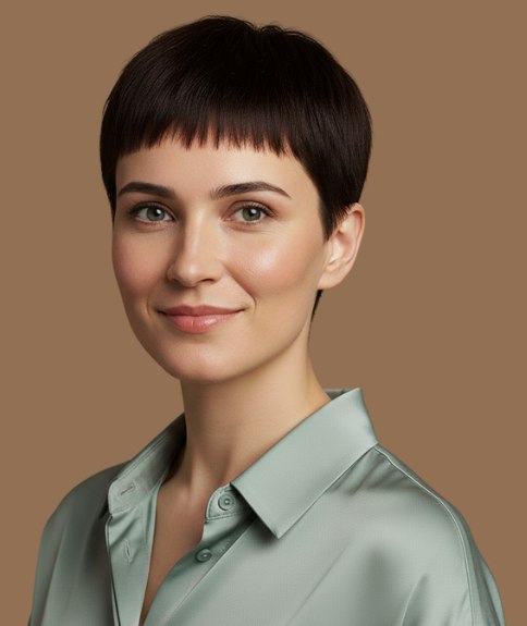 Very short pixie cut with short bangs