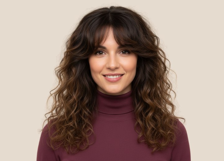 Long hair with natural curls and curtain bangs