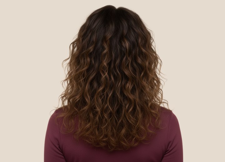 Woman with long brown curly hair - Back view