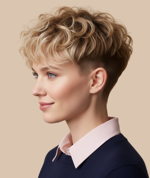Very short curly hairstyle with tapered sides and back - Side view